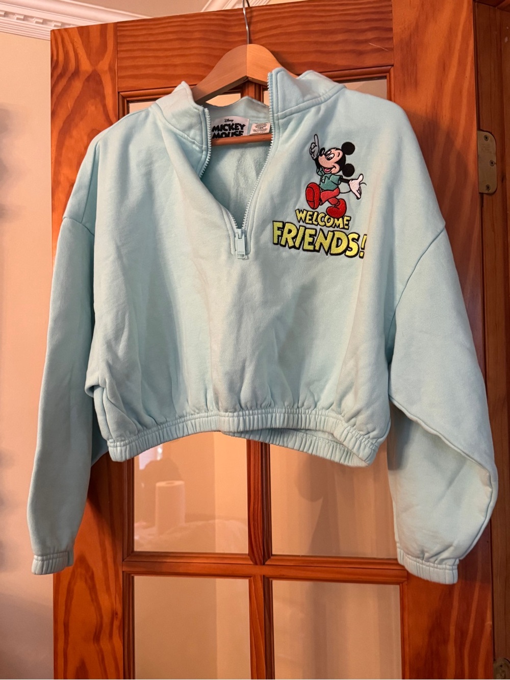 Disney Light Blue Mickey Mouse Cropped Half-Zip Pullover